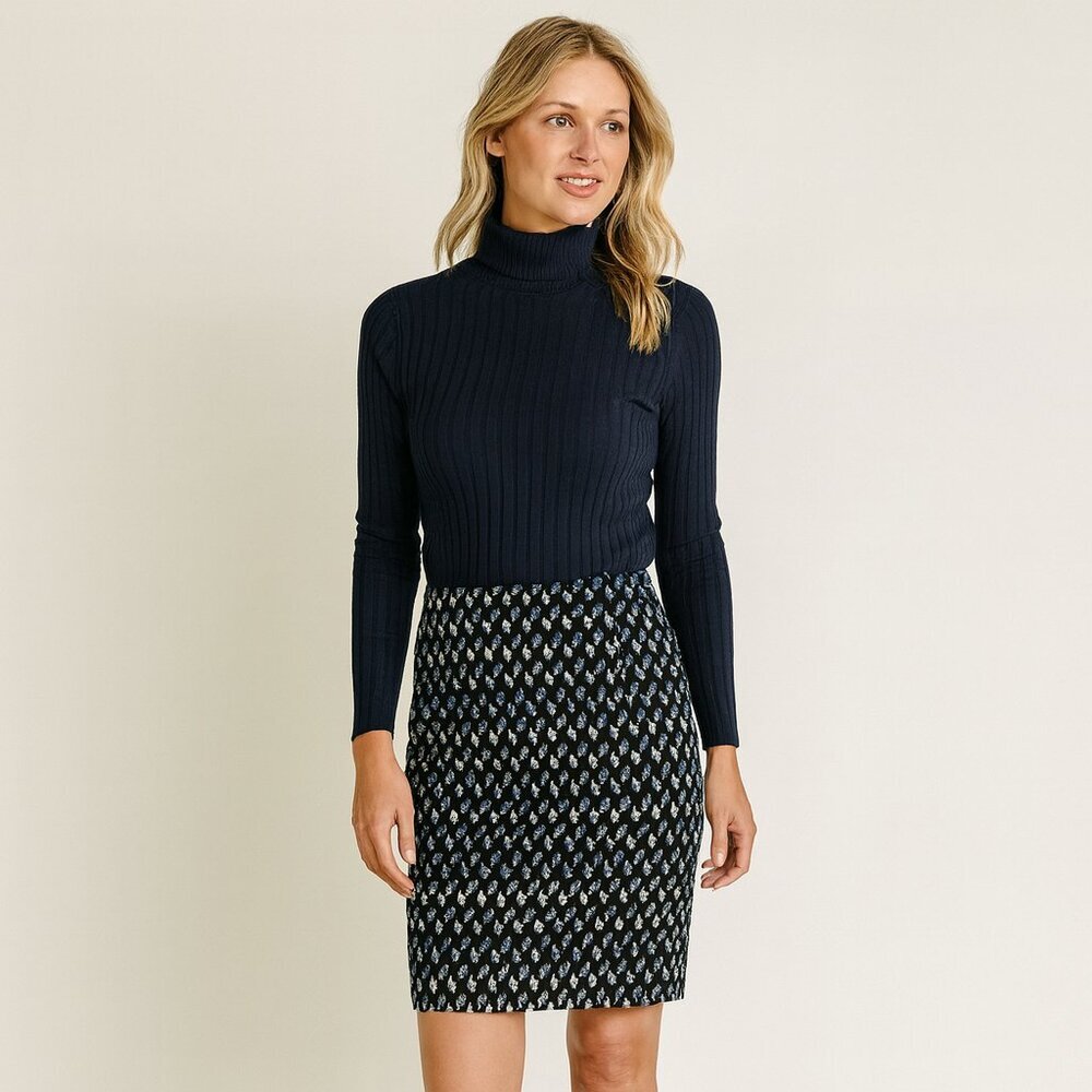 Blue & Black Kasper Geometric Skirt | Size 10P | Fully Lined Career Office Wear
